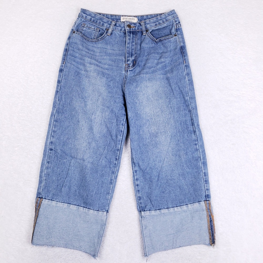 Great Smoky Wide Leg Jeans Women Size 9 Blue Denim Raw Hem High Rise Crop Boho